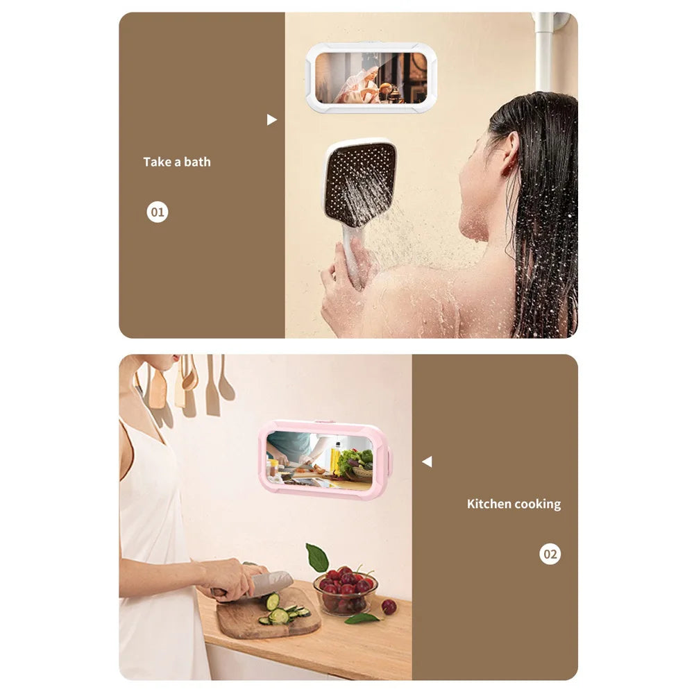 Caja de almacenamiento impermeable en uso durante el baño y la cocina, demostrando su versatilidad y funcionalidad.